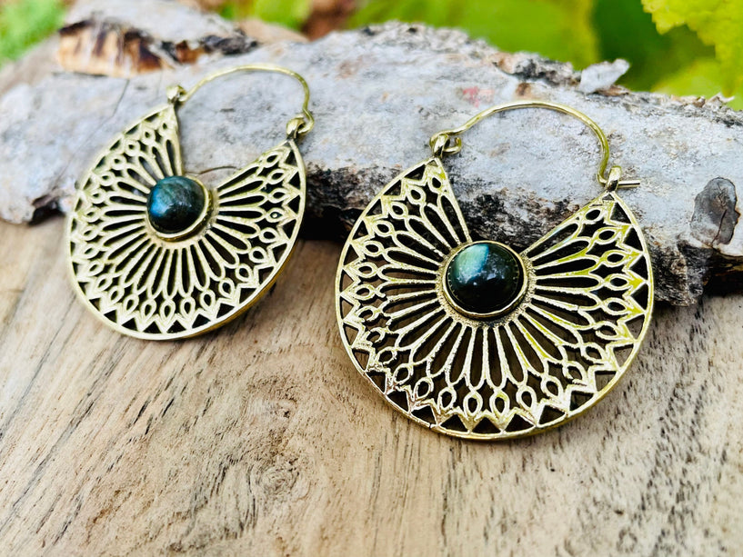 Labradorite & Brass Hoop Earrings Ethnic, rustic, yoga, hippie, gypsy, pretty, psy, boho, bohemian, festival