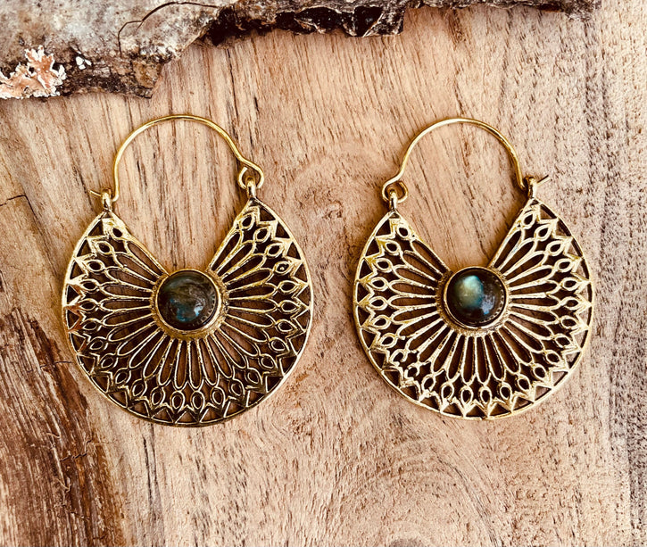 Labradorite & Brass Hoop Earrings Ethnic, rustic, yoga, hippie, gypsy, pretty, psy, boho, bohemian, festival
