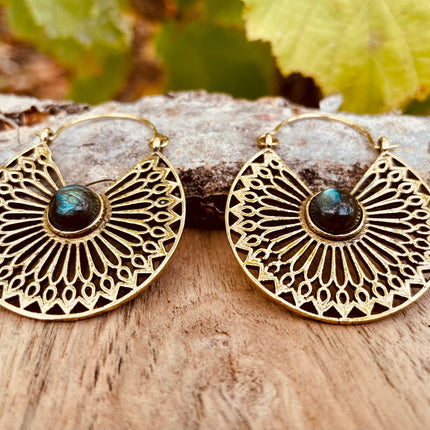 Labradorite & Brass Hoop Earrings Ethnic, rustic, yoga, hippie, gypsy, pretty, psy, boho, bohemian, festival