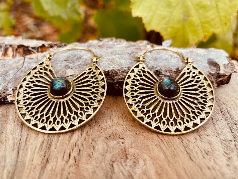 Labradorite & Brass Hoop Earrings Ethnic, rustic, yoga, hippie, gypsy, pretty, psy, boho, bohemian, festival