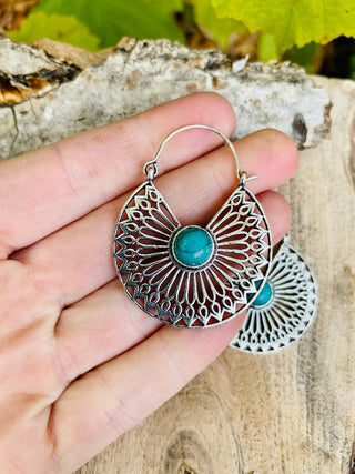Turquoise Silver Hoop Earrings Ethnic, rustic, yoga, hippie, gypsy, pretty, psy, boho, bohemian, festival