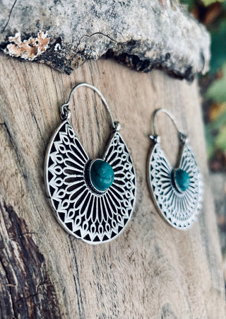 Turquoise Silver Hoop Earrings Ethnic, rustic, yoga, hippie, gypsy, pretty, psy, boho, bohemian, festival