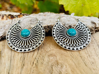 Turquoise Silver Hoop Earrings Ethnic, rustic, yoga, hippie, gypsy, pretty, psy, boho, bohemian, festival