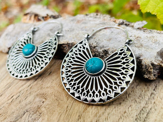 Turquoise Silver Hoop Earrings Ethnic, rustic, yoga, hippie, gypsy, pretty, psy, boho, bohemian, festival
