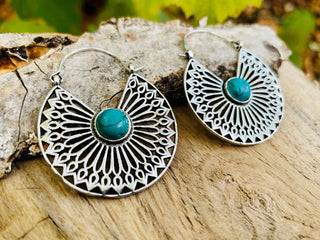 Turquoise Silver Hoop Earrings Ethnic, rustic, yoga, hippie, gypsy, pretty, psy, boho, bohemian, festival