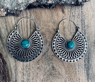 Turquoise Silver Hoop Earrings Ethnic, rustic, yoga, hippie, gypsy, pretty, psy, boho, bohemian, festival
