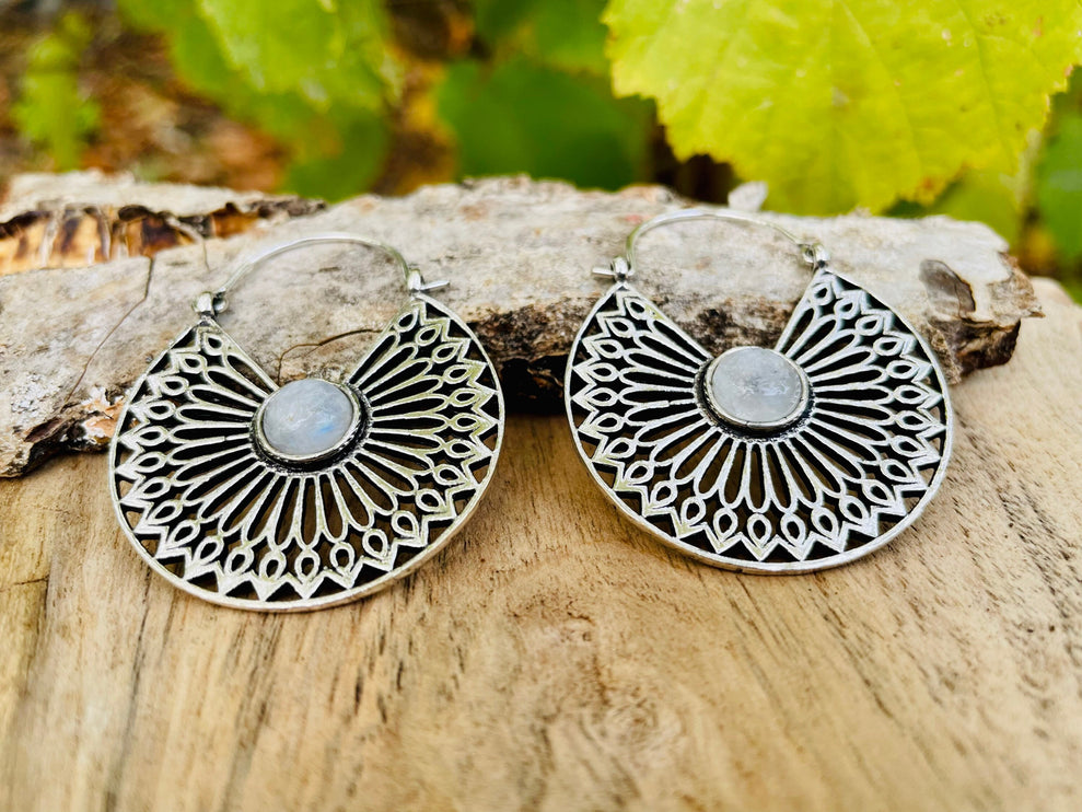 Silver Ethnic Moonstone Earrings Ethnic, rustic, yoga, hippie, gypsy, pretty, psy, boho, bohemian, festival