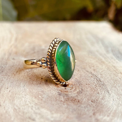 Boho Green Onyx Brass Ring / Pretty / Ethnic / Rustic / Festival / Tribal / Blue / Hippie / Gypsy / Psy / Stone / Healing