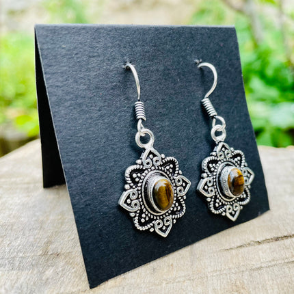 Small Silver Tiger Eye Pendant earrings Drop Dangle / Birth Stone / Ethnic / rustic, hippie, gypsy, pretty, psy, boho, bohemian, festival