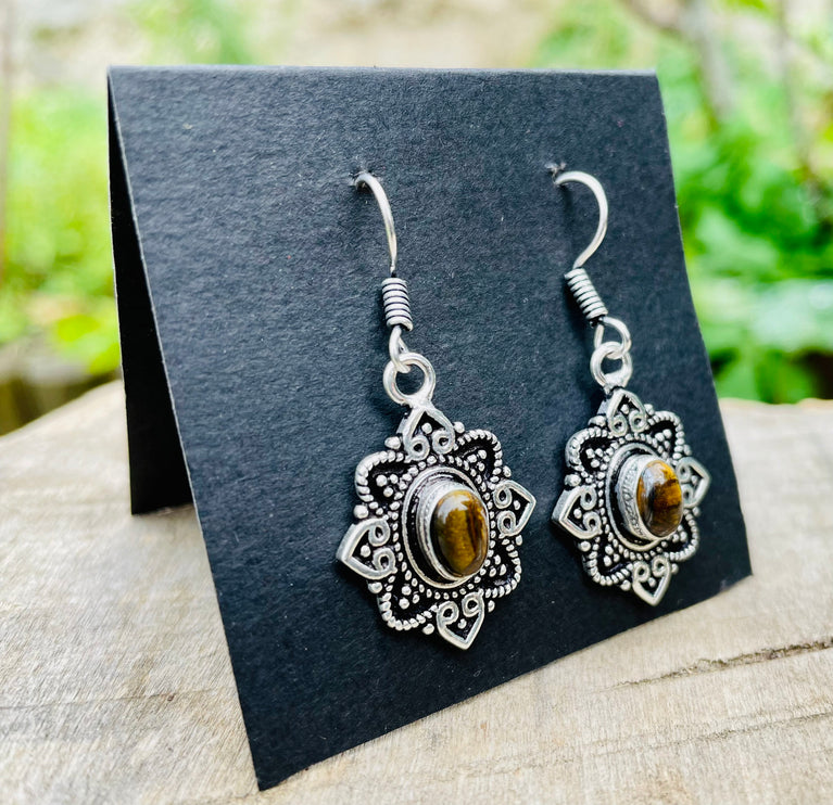 Small Silver Tiger Eye Pendant earrings Drop Dangle / Birth Stone / Ethnic / rustic, hippie, gypsy, pretty, psy, boho, bohemian, festival