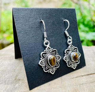 Small Silver Tiger Eye Pendant earrings Drop Dangle / Birth Stone / Ethnic / rustic, hippie, gypsy, pretty, psy, boho, bohemian, festival