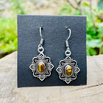 Small Silver Tiger Eye Pendant earrings Drop Dangle / Birth Stone / Ethnic / rustic, hippie, gypsy, pretty, psy, boho, bohemian, festival