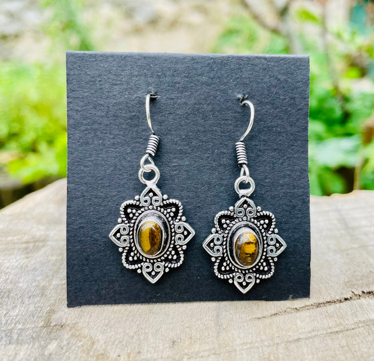 Small Silver Tiger Eye Pendant earrings Drop Dangle / Birth Stone / Ethnic / rustic, hippie, gypsy, pretty, psy, boho, bohemian, festival