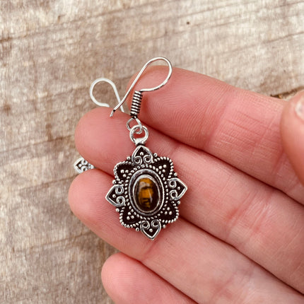 Small Silver Tiger Eye Pendant earrings Drop Dangle / Birth Stone / Ethnic / rustic, hippie, gypsy, pretty, psy, boho, bohemian, festival