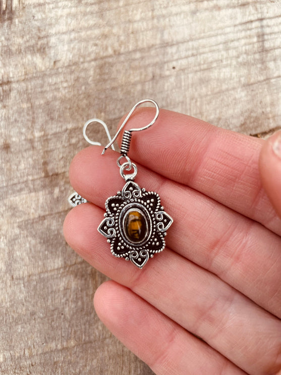 Small Silver Tiger Eye Pendant earrings Drop Dangle / Birth Stone / Ethnic / rustic, hippie, gypsy, pretty, psy, boho, bohemian, festival