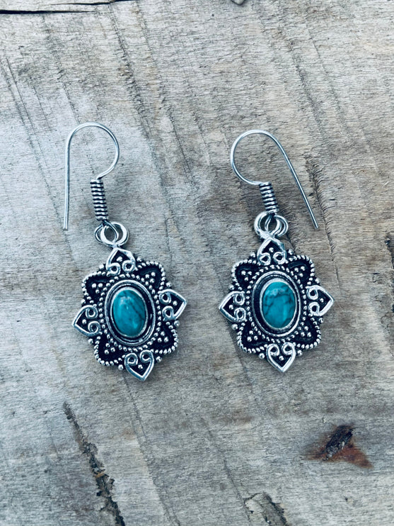 Small Turquoise Silver Drop Dangle earrings / Birth Stone / Ethnic / rustic, yoga, hippie, gypsy, pretty, psy, boho, bohemian, festival