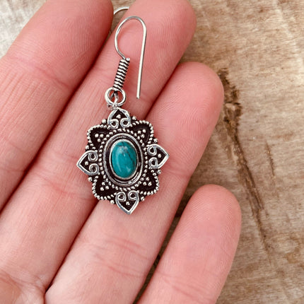 Small Turquoise Silver Drop Dangle earrings / Birth Stone / Ethnic / rustic, yoga, hippie, gypsy, pretty, psy, boho, bohemian, festival
