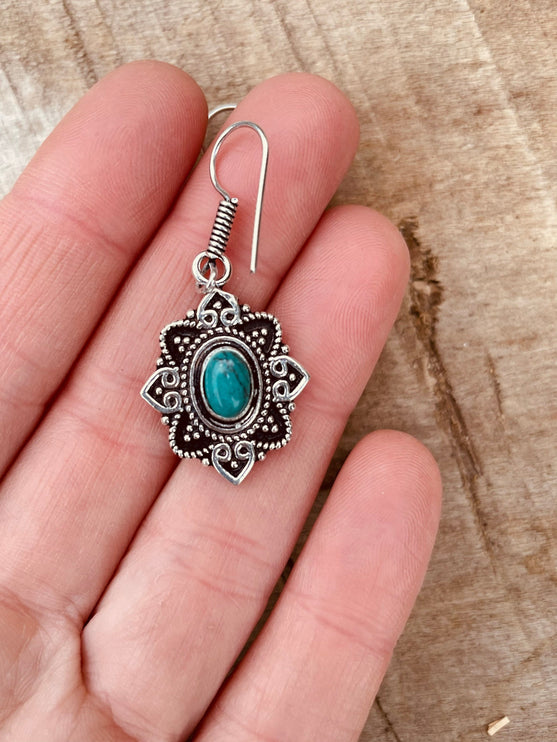 Small Turquoise Silver Drop Dangle earrings / Birth Stone / Ethnic / rustic, yoga, hippie, gypsy, pretty, psy, boho, bohemian, festival