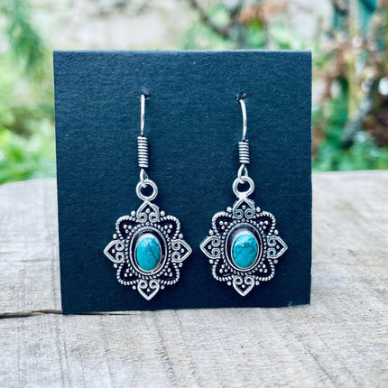 Small Turquoise Silver Drop Dangle earrings / Birth Stone / Ethnic / rustic, yoga, hippie, gypsy, pretty, psy, boho, bohemian, festival