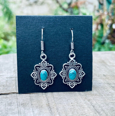 Small Turquoise Silver Drop Dangle earrings / Birth Stone / Ethnic / rustic, yoga, hippie, gypsy, pretty, psy, boho, bohemian, festival