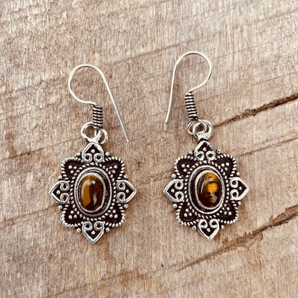 Small Silver Tiger Eye Pendant earrings Drop Dangle / Birth Stone / Ethnic / rustic, hippie, gypsy, pretty, psy, boho, bohemian, festival