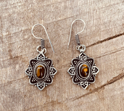 Small Silver Tiger Eye Pendant earrings Drop Dangle / Birth Stone / Ethnic / rustic, hippie, gypsy, pretty, psy, boho, bohemian, festival