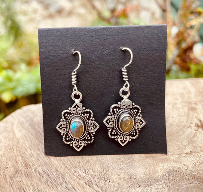 Ethnic Labradorite Silver Drop Dangle earrings / Birth Stone / Ethnic / rustic, yoga, hippie, gypsy, pretty, psy, boho, bohemian, festival