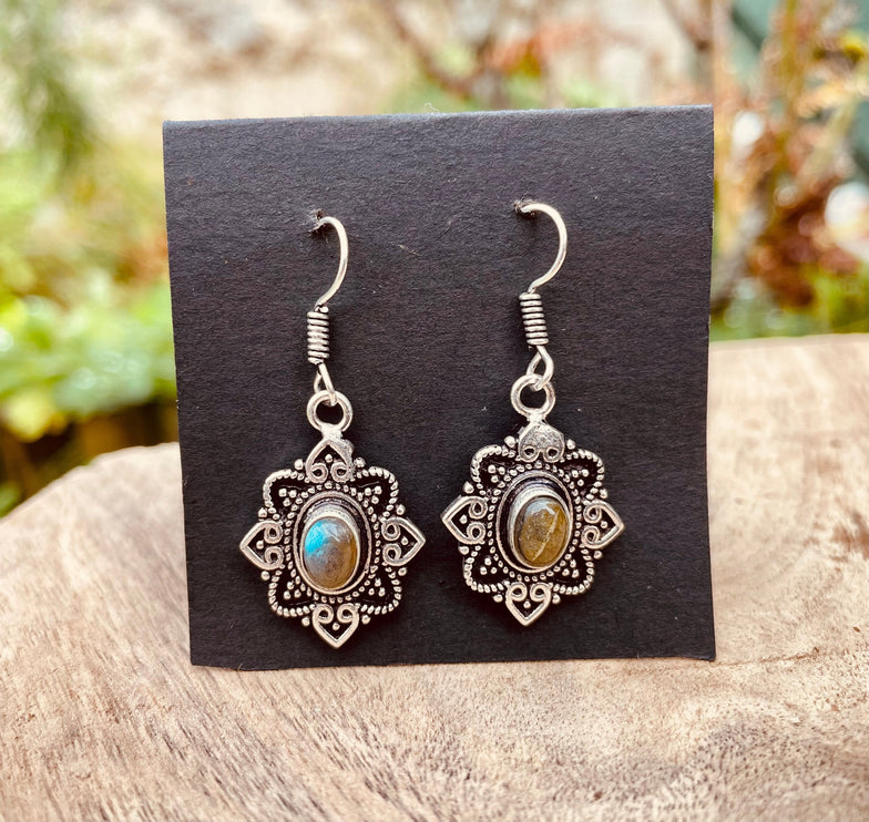 Ethnic Labradorite Silver Drop Dangle earrings / Birth Stone / Ethnic / rustic, yoga, hippie, gypsy, pretty, psy, boho, bohemian, festival