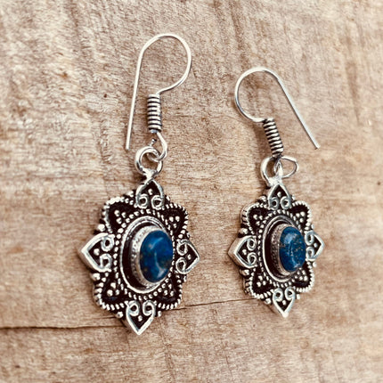 Small Lapis Lazuli Silver Drop Dangle earrings / Birth Stone / Ethnic / rustic, yoga, hippie, gypsy, pretty, psy, boho, bohemian, festival