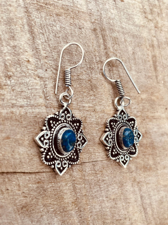 Small Lapis Lazuli Silver Drop Dangle earrings / Birth Stone / Ethnic / rustic, yoga, hippie, gypsy, pretty, psy, boho, bohemian, festival