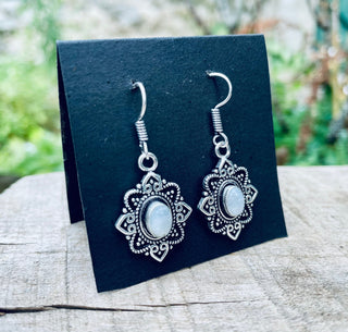 Small Silver Moonstone Earrings Drop Dangle / Birth Stone / Ethnic / rustic, yoga, hippie, gypsy, pretty, psy, boho, bohemian, festival