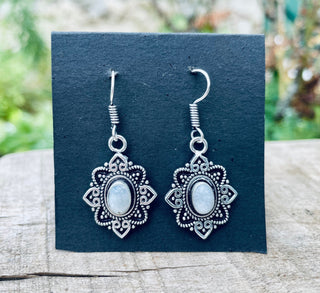 Small Silver Moonstone Earrings Drop Dangle / Birth Stone / Ethnic / rustic, yoga, hippie, gypsy, pretty, psy, boho, bohemian, festival