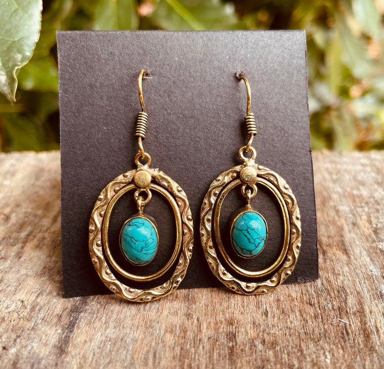 Turquoise Earrings Dangle Brass Ethnic, rustic, yoga, hippie, gypsy, pretty, psy, boho, bohemian, festival