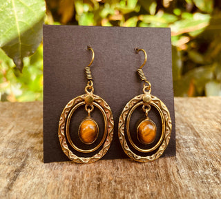 Tiger Eye Earrings Dangle Brass Ethnic, rustic, yoga, hippie, gypsy, pretty, psy, boho, bohemian, festival