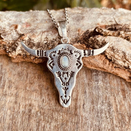 Moonstone Silver Cow Necklace / Talisman / Third Eye / Hypoallergenic / Brass / Boho / Inca / Ethnic / Illuminati