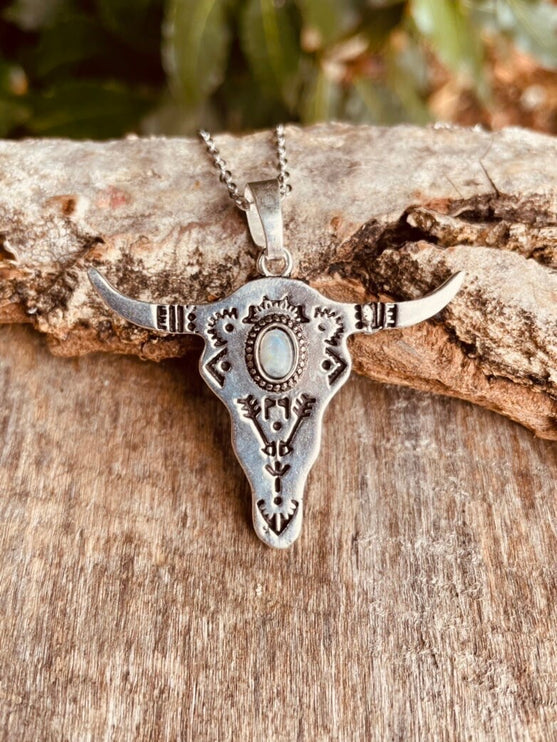 Moonstone Silver Cow Necklace / Talisman / Third Eye / Hypoallergenic / Brass / Boho / Inca / Ethnic / Illuminati