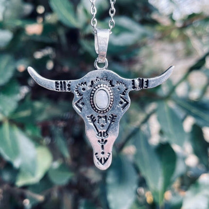 Moonstone Silver Cow Necklace / Talisman / Third Eye / Hypoallergenic / Brass / Boho / Inca / Ethnic / Illuminati