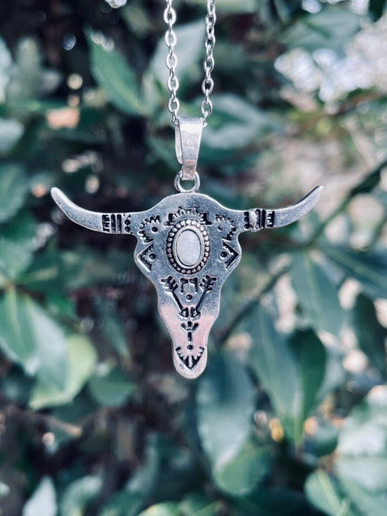 Moonstone Silver Cow Necklace / Talisman / Third Eye / Hypoallergenic / Brass / Boho / Inca / Ethnic / Illuminati