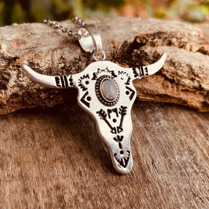 Moonstone Silver Cow Necklace / Talisman / Third Eye / Hypoallergenic / Brass / Boho / Inca / Ethnic / Illuminati