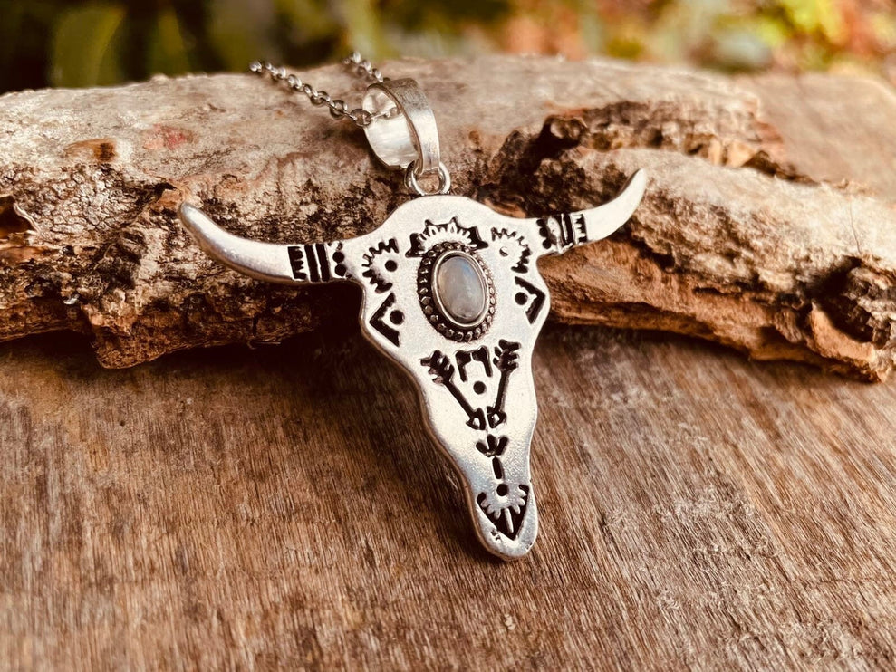 Moonstone Silver Cow Necklace / Talisman / Third Eye / Hypoallergenic / Brass / Boho / Inca / Ethnic / Illuminati