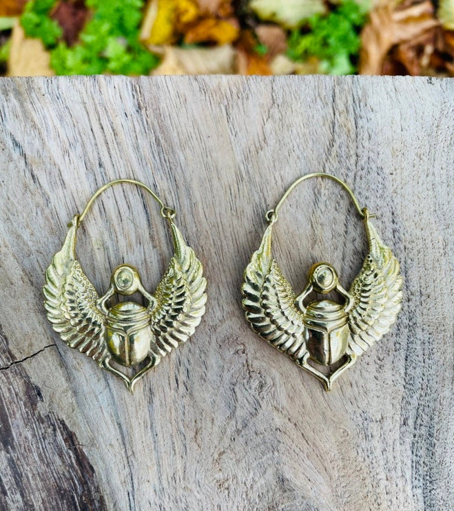 Scarab Brass Earrings Ancient Egypt ; Beetle Earrings ,Ethnic, Geometric, rustic, yoga, hippie, gypsy, pretty, psy, boho, bohemian, festival