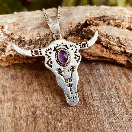 Amethyst Silver Cow Necklace / Talisman / Third Eye / Hypoallergenic / Brass / Boho / Inca / Ethnic / Illuminati