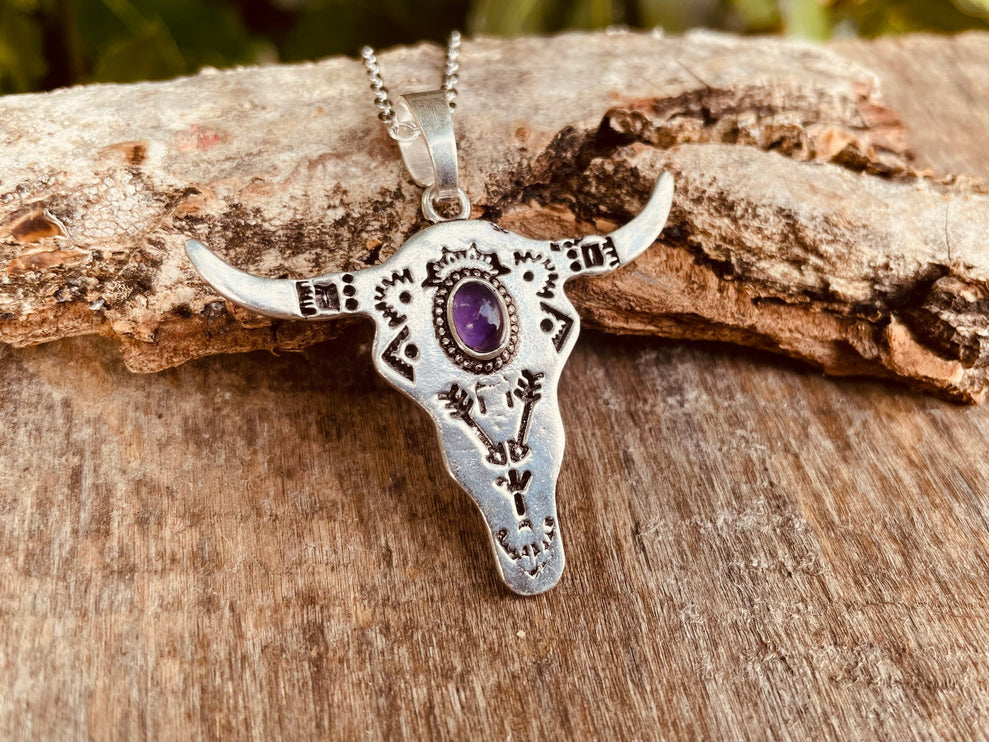 Amethyst Silver Cow Necklace / Talisman / Third Eye / Hypoallergenic / Brass / Boho / Inca / Ethnic / Illuminati