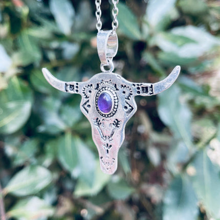 Amethyst Silver Cow Necklace / Talisman / Third Eye / Hypoallergenic / Brass / Boho / Inca / Ethnic / Illuminati