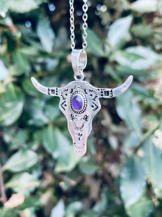 Amethyst Silver Cow Necklace / Talisman / Third Eye / Hypoallergenic / Brass / Boho / Inca / Ethnic / Illuminati