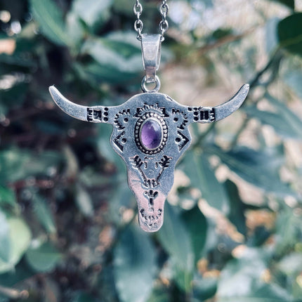 Amethyst Silver Cow Necklace / Talisman / Third Eye / Hypoallergenic / Brass / Boho / Inca / Ethnic / Illuminati