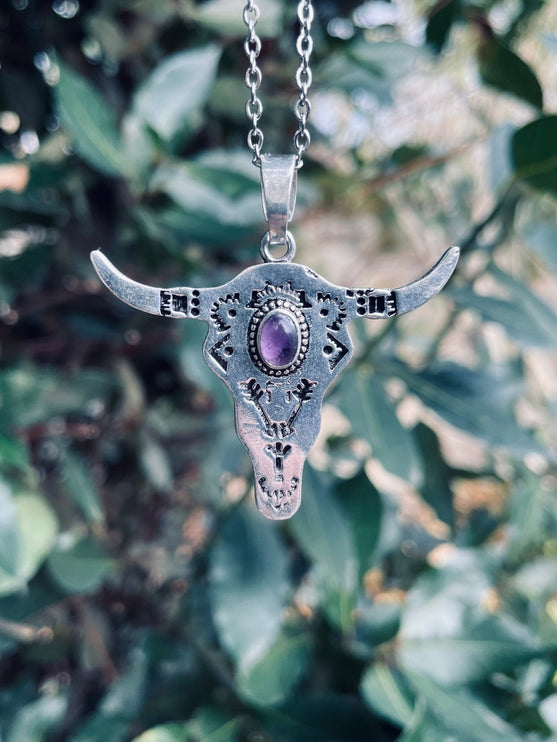 Amethyst Silver Cow Necklace / Talisman / Third Eye / Hypoallergenic / Brass / Boho / Inca / Ethnic / Illuminati