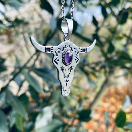 Amethyst Silver Cow Necklace / Talisman / Third Eye / Hypoallergenic / Brass / Boho / Inca / Ethnic / Illuminati