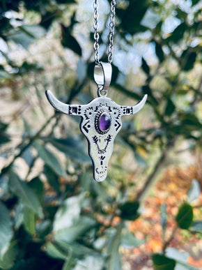 Amethyst Silver Cow Necklace / Talisman / Third Eye / Hypoallergenic / Brass / Boho / Inca / Ethnic / Illuminati