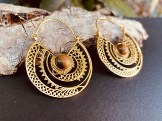 Tiger Eye Earrings Brass Jewelery Ethnic, rustic, yoga, hippie, gypsy, pretty, psy, boho, bohemian, festival